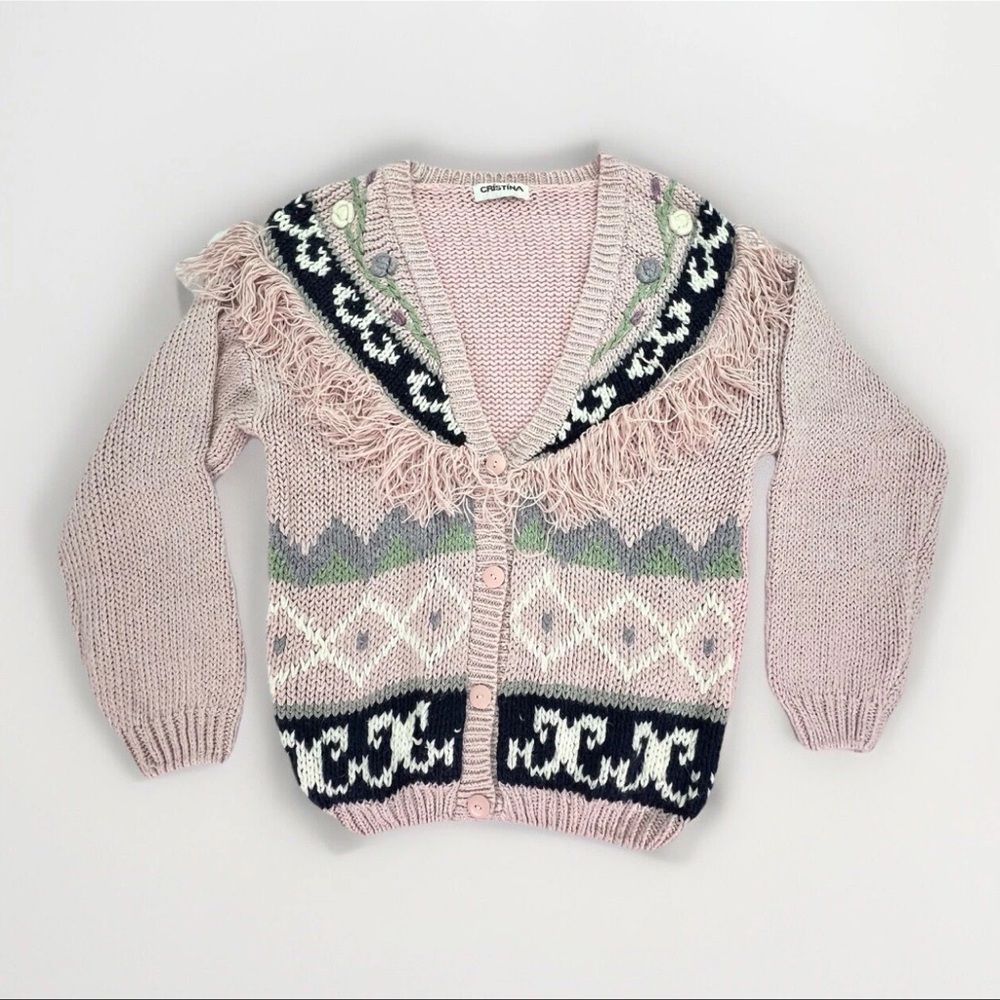 Vintage Cristina Knit Fringed Cardigan Sweater Women’s M/L Retro 80s Southwest